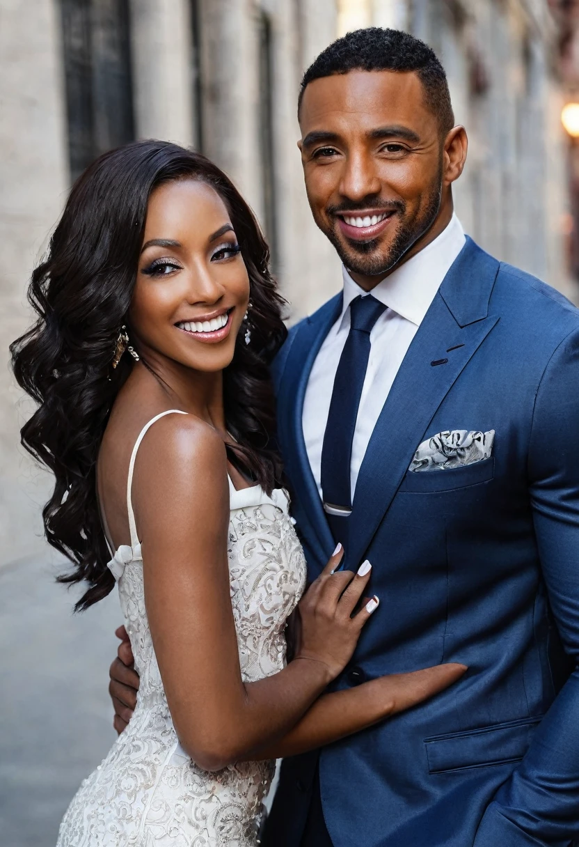 Hungarian model/actress Sandra Shine and a handsome African American male whose facial features are a combo of Christian Keyes + J. August Richards + Anthony Montgomery pose together for a photo. Both are smiling. Both are attired attractively but casually for a date. Sandra has lovely makeup on her face. Daytime. Romantic ambiance. Symmetrical eyes. Symmetrical faces. Lovely details. Photorealistic. Full-colored photo. Professional photo. Highly detailed 8K.