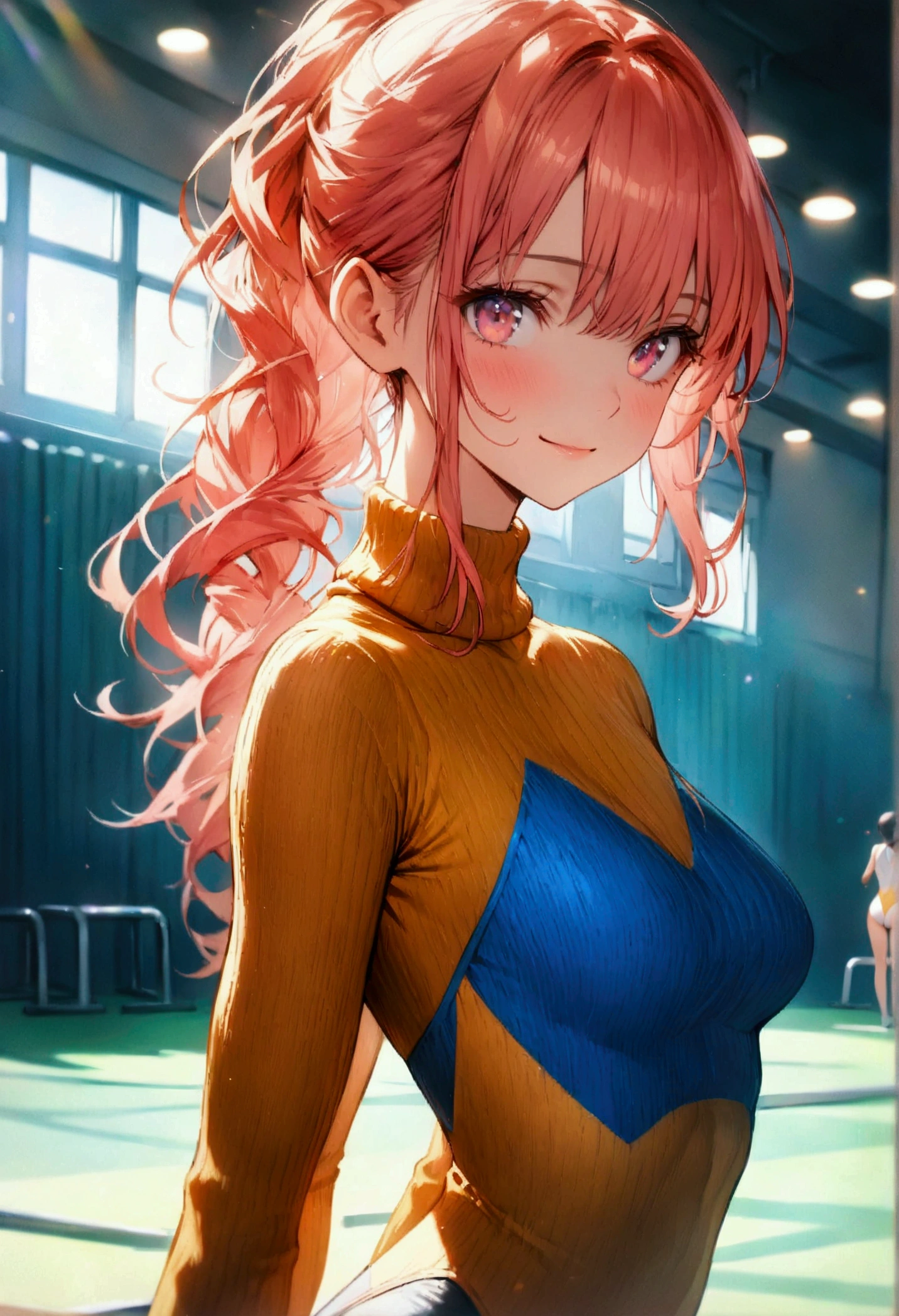 highquality illustration, masterpiece, very delicate and beautiful, attractive girl,(colorful leotard, heattech leotard,tight leotard,long_sleeve leotard,ribbed leotard,high_leg leotard,turtleneck leotard), thin,slender body,slim,gymnastics club,gymnastics athlete,bare legs,gymnasium background,beautiful eyes, light smile,(masterpiece, best quality:1.2), highres, extremely detailed CG unity 8k wallpaper, perfect lighting, Colourful, ultra-high res,4K,ultra-detailed, photography, 8K, HDR, 17 ages,