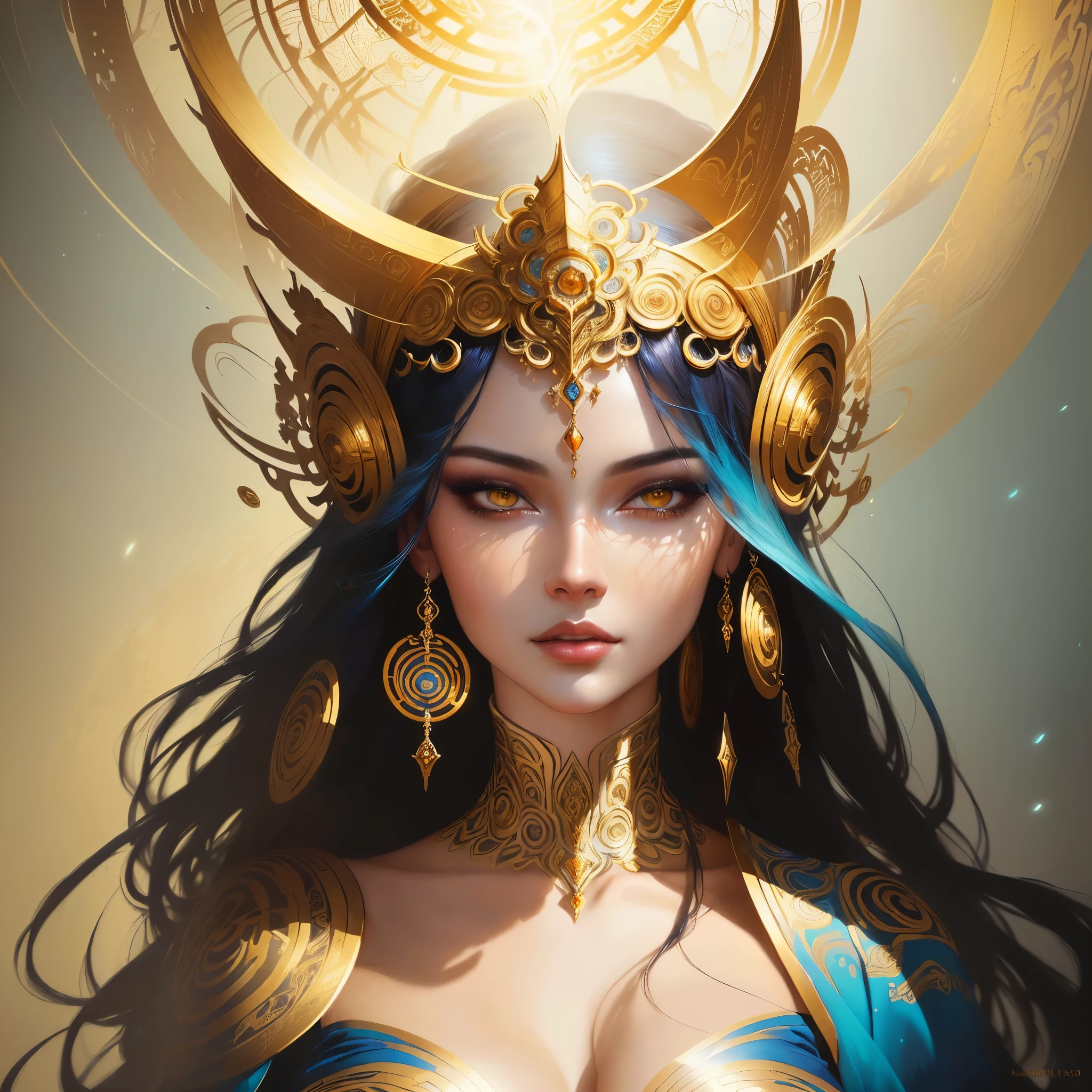 a painting of a woman with golden circles and a blue background, beautiful gorgeous digital art, karol bak uhd, gorgeous digital art, dreamy art, beautiful digital art, exquisite digital illustration, a beautiful artwork illustration, style of karol bak, expressive beautiful painting, beautiful digital artwork, intricate oil painting artwork, by Karol Bak, hauntingly beautiful art