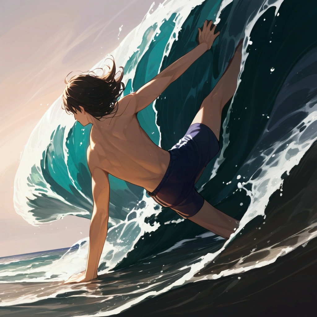 score_9, score_8_up, score_7_up, source_anime, 1boy, sea, wave, Surfing, swimwear, perfect hands, Shining Splash, masterpiece, best quality, detailed, 