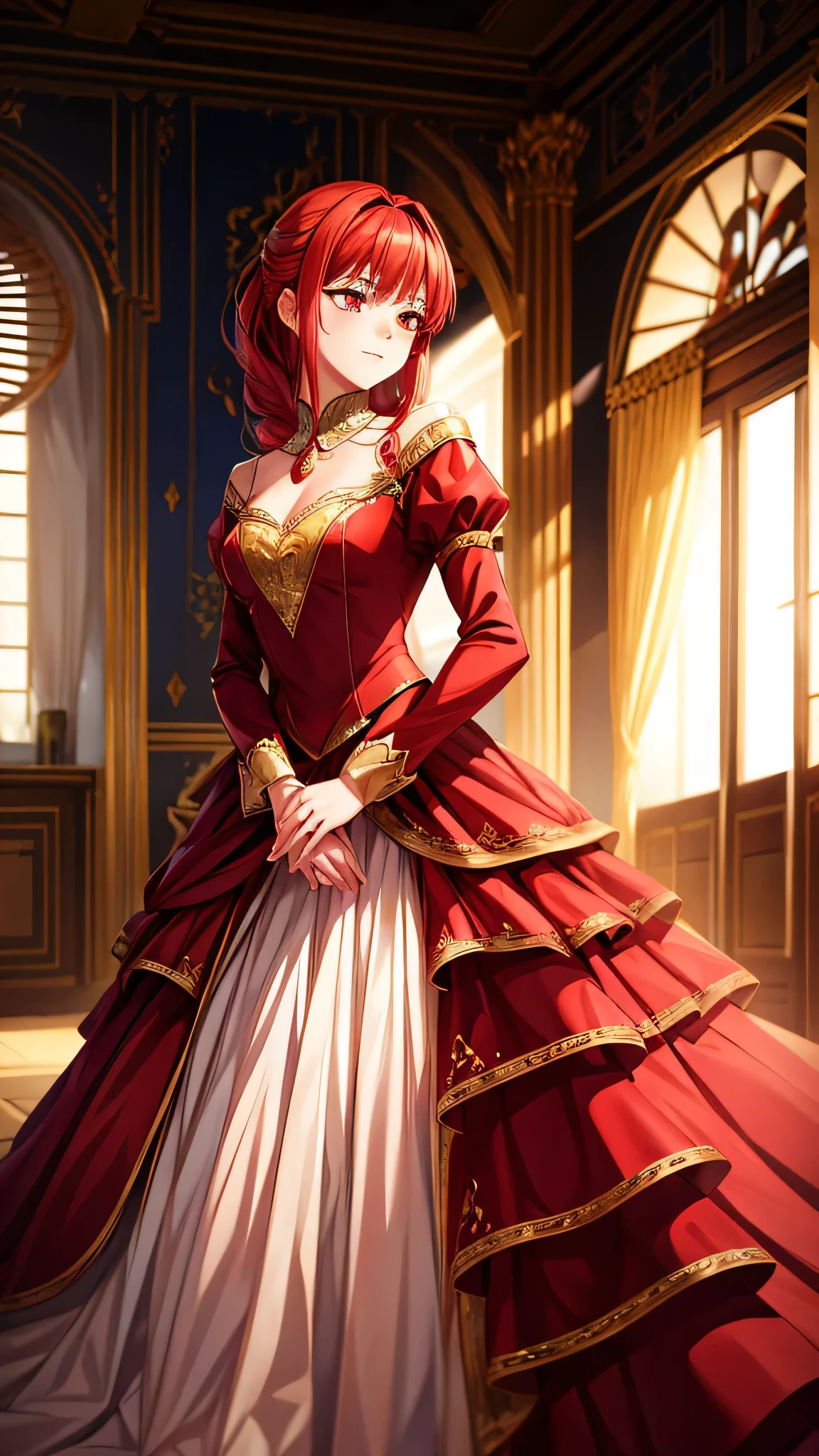 noble lady, red hair, red eyes,looking to the side, high quality, 4k, royal background, royal atmosphere, anime style,royal dress,small
