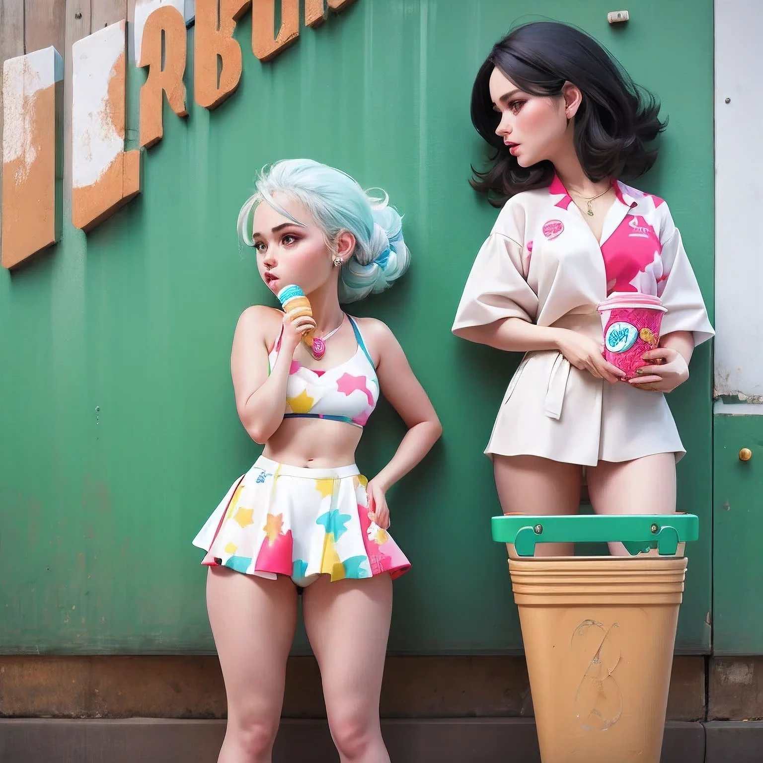 girl in a bikini eating an ice cream cone, eating ice cream, in a bikini, angela white, giorgia meloni, katy perry, in bikini, eating ice - cream, wearing spandex bikini, ice cream on the side, bikini, ice cream, wearing a bikini, candid photo of dirty, shiny plastic bikini, candid shot, cone, 1 girl, solo,in a green dress standing by a wall,portrait of female idol