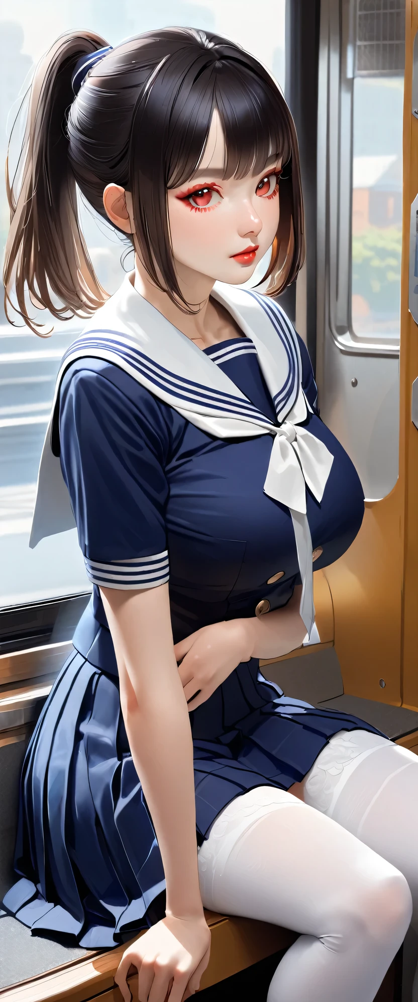 Highest quality、High resolution、Detailed Background、Beautiful face in every detail、Teenage beauty、Detailed red eyes、Realistic、Huge breasts、Perfect body line、Black Hair、Bobcut、ponytail、well-groomed eyebrows、Cute Lip Makeup、A short-sleeved shiny navy blue sailor suit、White sailor collar、Navy blue pleated skirt、White Stockings、on the train、(Side view of a beautiful girl commuting to school on the train:1.5)、so beautiful