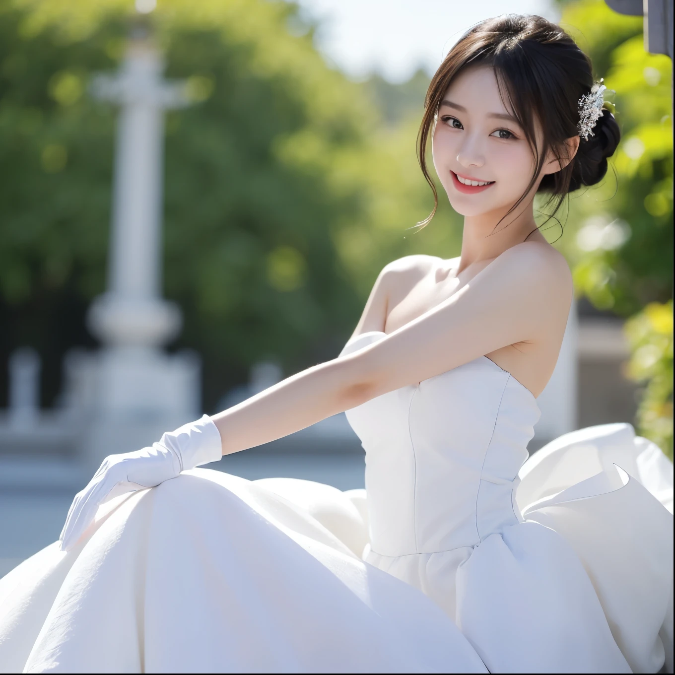 (photo realistic:1.55), masterpiece, best quality, detailed, blurry, depth_of_field, blurry_background, blurry_foreground, 1girl, gloves, white_gloves, dress, motion_blur, photo_(medium), solo, white_dress, Japanese beautiful sexy girl, smile face