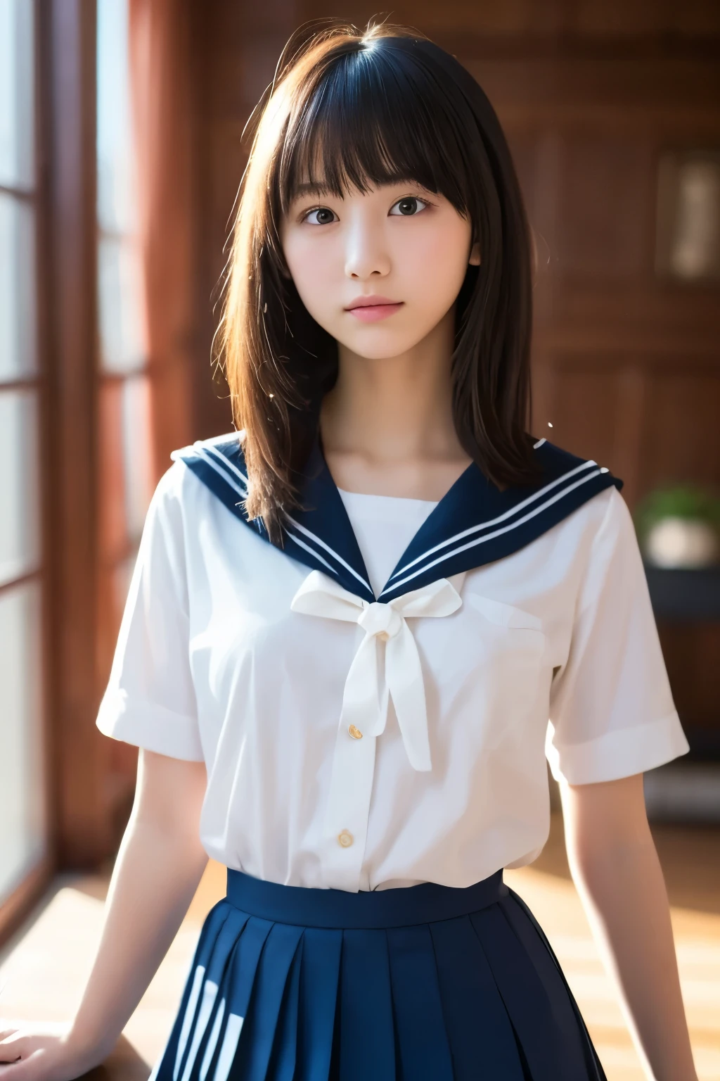 One Girl, (White shirt, Sailor , Navy blue pleated skirt:1.2), (13 years old:1.5), Young Face, Cute Face, 
(RAW Photos, Highest quality), (Realistic, Photorealistic:1.4), Tabletop, Sharp focus, 
Very delicate and beautiful, Very detailed, 2k wallpaper, wonderful, In detail, 
Very detailed CG Unity 8K 壁紙, Very detailed, High resolution, Soft Light, 
Beautiful detailed girl, Very detailed目と顔, Beautifully detailed nose, Beautiful attention to detail, Double eyelids,
break
In the bright living room, Cinema Lighting, 
Perfect Anatomy, Slender body, Slightly longer bob hair, Parted bangs,  View your viewers