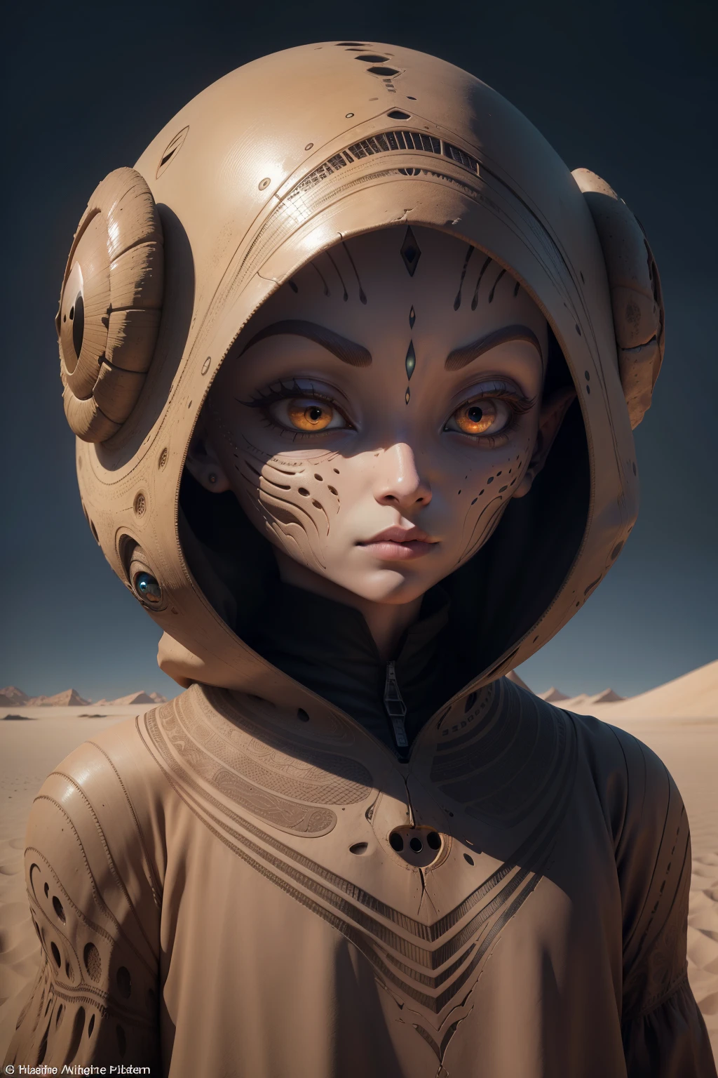 Alien Face:
Deep within the desert's vast expanse, an otherworldly sight captures the attention of the unsuspecting traveler. The alien face emerges from the sandy dunes, its features a mesmerizing blend of strange shapes and glowing colors. The large, almond-shaped eyes seem to glow with an ethereal light, and its elongated nose and thin-lipped mouth curve into a curious expression. The alien's smooth skin is covered in intricate patterns that seem to pulse with an otherworldly energy. Despite its otherworldly appearance, the alien face emanates a sense of calm and a profound sense of mystery, leaving the viewer both intrig