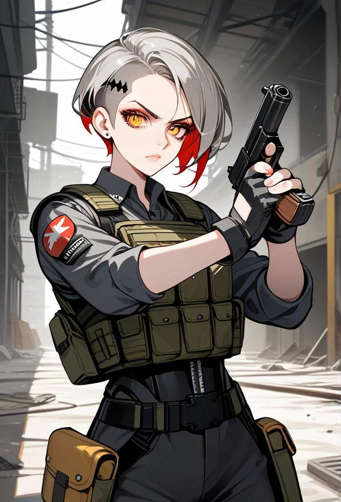 masterpiece, best quality, mature woman, (buzzcut hairstyle), gray hair, (villainous eyes), amber eyes, glossy lips, (mature face), serious expression, operative clothing, bulletproof vest, tactical vest, fingerless gloves, holding pistol, abandoned building, aiming gun at viewer