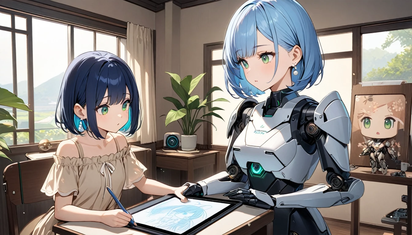 Highest quality、Light blue hair、Short Bob、Deep green eyes、Small breasts,25 years old,Inside the room、Beige summer blouse、Black long skirt、Pearl Earrings、Next to her, with dark blue hair、An adult female robot with mechanical armor、A female robot is drawing on a tablet。
