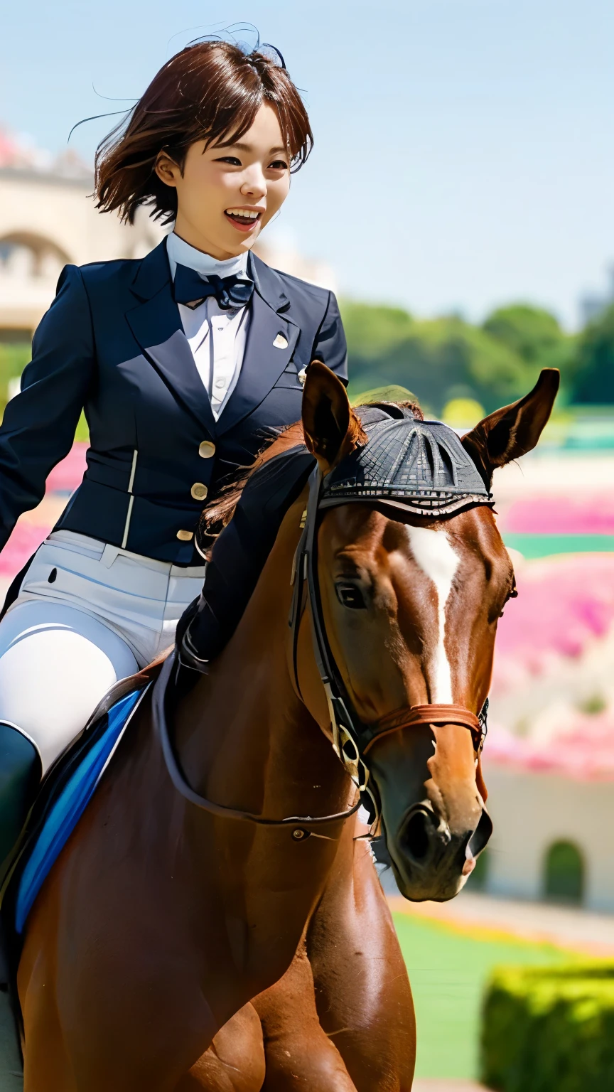 (((Beautiful women boxer))),(((Perfect Anatomyに基づいた四肢を丁寧に描写する4K撮影))),(((The large Olympic equestrian arena, with stadiums and seating set up in the magnificently beautiful gardens of the Palace of Versailles, where equestrian events are held, is packed with spectators as far as the eye can see.))),(((Beautiful equestrian athletes who work together as one to brilliantly jump over obstacles on the course))), A Japanese national equestrian with a beautiful, long-limbed, coke-bottle body and a beloved horse with a magnificent body,Dressed in the traditional black jacket, white culottes, white athletic shirt, white gloves and brown boots.,(((Elegant posture and mannerisms))),(((With a smile on her face, she takes the reins and enters the course with her beloved horse.))),(((A beautiful and elegant equestrian who hates to lose,Stunning gardens with nearby views of the Palace of Versailles,A gentle gaze towards his beloved horse))),(((Perfect Anatomy:1.6))),(((Ulsan - 6500))),(((Hasselblad produces deep depth of field for beautiful background bokeh))),masterpiece,Highest quality,Ultra-high resolution,Highly detailed portrait,High nose and beautiful face,Model-like limbs,The sweat on his fair neck is shining and dazzling,((4K footage capturing the essence of the action from close up)),Cute 20 year old, (((The beautiful, shiny chestnut-colored asymmetrical short hair at the nape of the neck is sexy.))),((Her proud C-cup breasts catch the attention of the audience.)),Long eyelashes, big eyes and double eyelids,((Glossy thick lips)),(((Perfect Anatomy))),