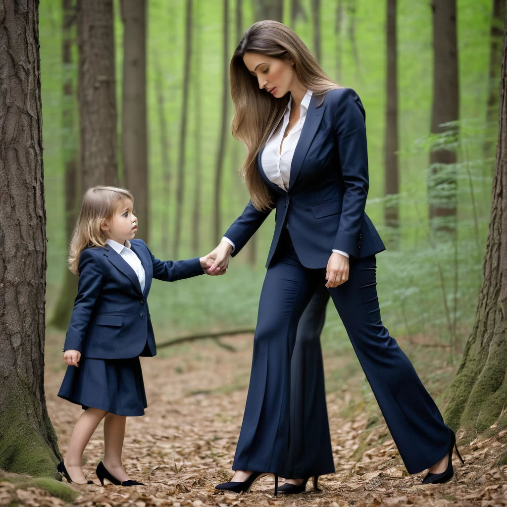 fine art portrait of a very elegant 35yo European woman, ((bending down to her child)), in the forest, highest quality, sexy face high resolution, Eleonora Pavinat 35 years old woman, business blouse, business blazer, business trousers, high heels, medium belly, very long hair, woman with ((extremely heavy hanging breasts)), ((gigantic oversized breasts,)) very low hanging breasts, very slim waist, wide hips