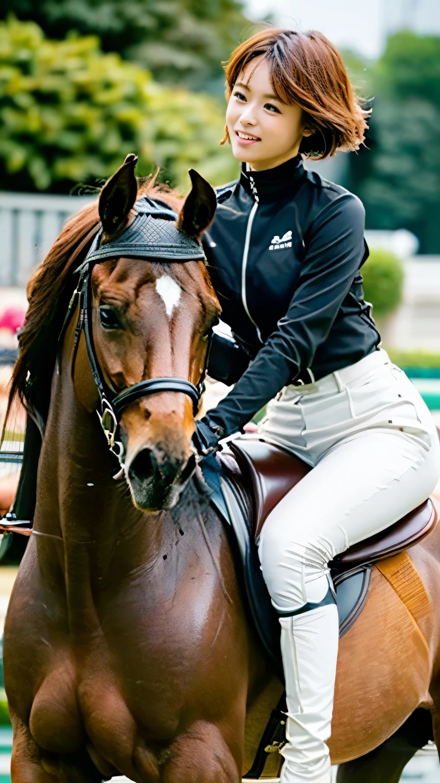 (((Beautiful women boxer))),(((Perfect Anatomyに基づいた四肢を丁寧に描写する4K撮影))),(((The large Olympic equestrian arena, with stadiums and seating set up in the magnificently beautiful gardens of the Palace of Versailles, where equestrian events are held, is packed with spectators as far as the eye can see.))),(((Beautiful equestrian athletes who work together as one to brilliantly jump over obstacles on the course))), A Japanese national equestrian with a beautiful, long-limbed, coke-bottle body and a beloved horse with a magnificent body,Dressed in the traditional black jacket, white culottes, white athletic shirt, white gloves and brown boots.,(((Elegant posture and mannerisms))),(((With a smile on her face, she takes the reins and enters the course with her beloved horse.))),(((A beautiful and elegant equestrian who hates to lose,Stunning gardens with nearby views of the Palace of Versailles,A gentle gaze towards his beloved horse))),(((Perfect Anatomy:1.6))),(((Ulsan - 6500))),(((Hasselblad produces deep depth of field for beautiful background bokeh))),masterpiece,Highest quality,Ultra-high resolution,Highly detailed portrait,High nose and beautiful face,Model-like limbs,The sweat on his fair neck is shining and dazzling,((4K footage capturing the essence of the action from close up)),Cute 20 year old, (((The beautiful, shiny chestnut-colored asymmetrical short hair at the nape of the neck is sexy.))),((Her proud C-cup breasts catch the attention of the audience.)),Long eyelashes, big eyes and double eyelids,((Glossy thick lips)),(((Perfect Anatomy))),