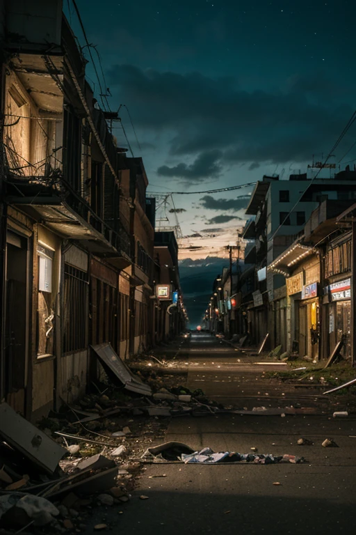 Destroyed city ruins, Barbed wire at night