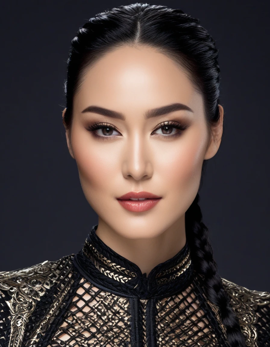 hostile Christina Chong beautiful face, narrowed eyes. smirk. black braided hair assassin wearing intricate ornate chrome bodysuit