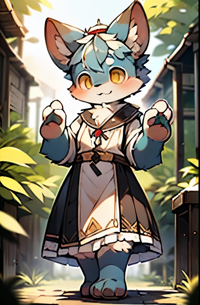 short wathet haired,a furry blue goat ta ,(wearing a brown sailor dress),shy expression, looking at the camera, detailed yellow eyes,((full body furry)),(best quality,4k,8k,highres,masterpiece:1.2),ultra-detailed,(realistic,photorealistic,photo-realistic:1.37), professional, vivid colors,cute,furry,Full breasts, from down,Sensitive,limit