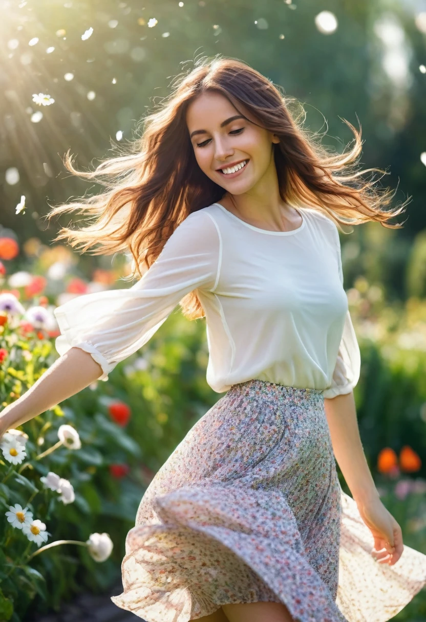 8k quality, high definition real photo, casual fashion, young woman, beautiful woman, , flare skirt fluttering in the wind, flower garden in the background, bright light pouring down, light particles sparkling on the wind, cute smile, brunette hair fluttering in the wind, the camera captures her beautifully.