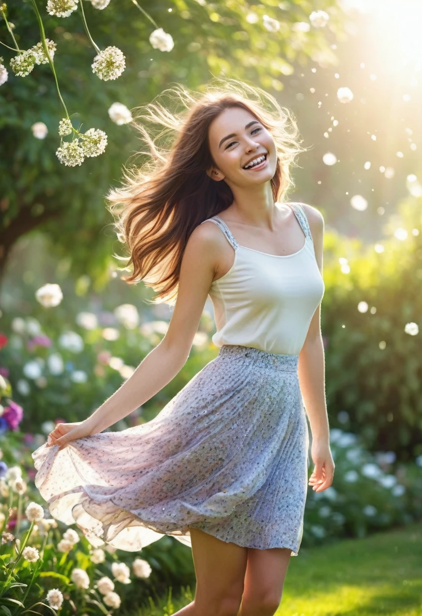 8k quality, high definition real photo, casual fashion, young woman, beautiful woman, , flare skirt fluttering in the wind, flower garden in the background, bright light pouring down, light particles sparkling on the wind, cute smile, brunette hair fluttering in the wind, the camera captures her beautifully.