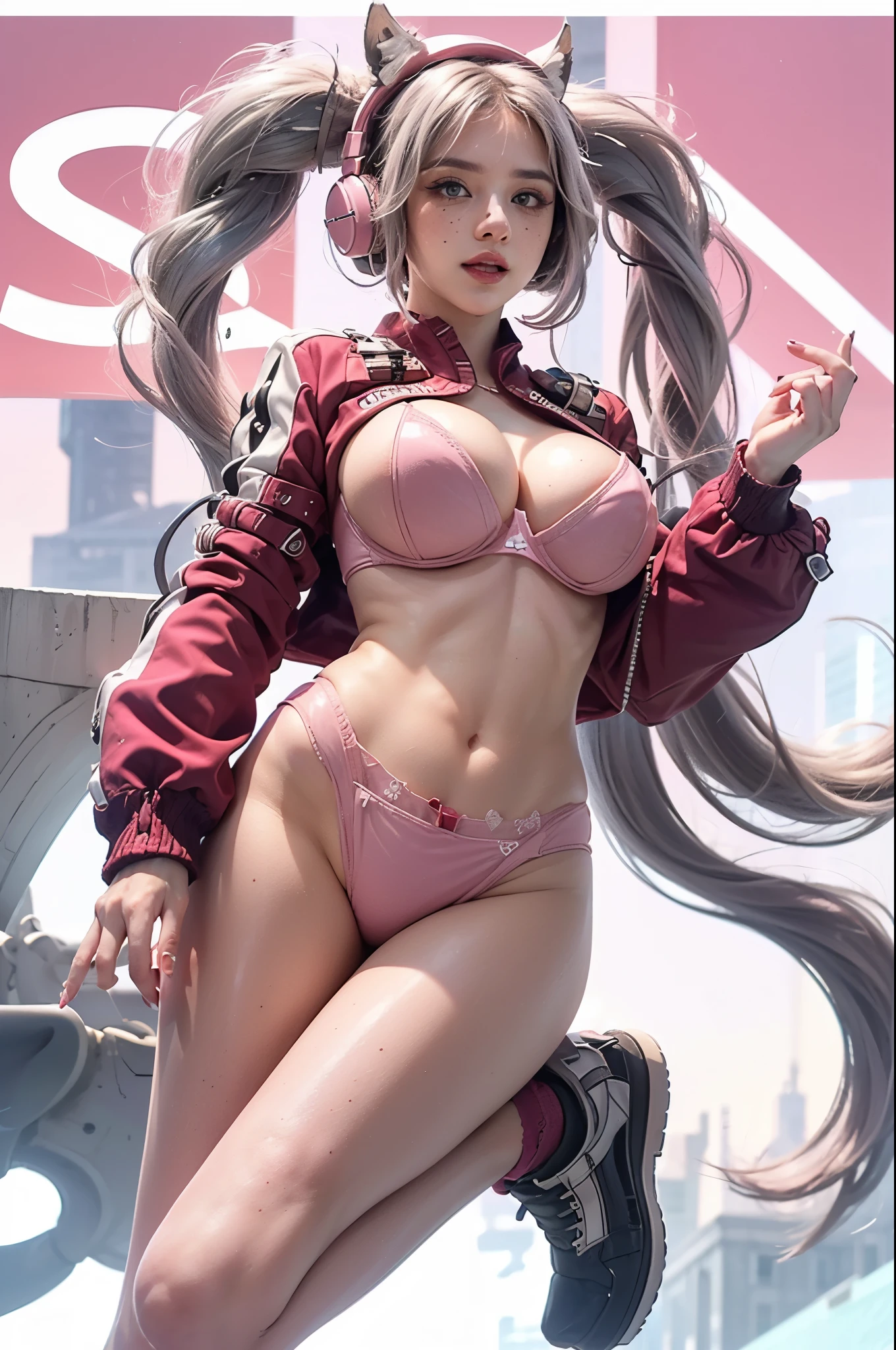 Goddess of victory, ((two braided hair:1.1)), double tail, (((white hair)), ((wavy length:1.2), cheerful facial expression, (pink pupils:1.1),
      (red jacket shrug), (((big breasts:1.4))), ((exposed cleavage)), ((sexy pink bra:1.1)), nekomimi, cat ear headphones, ((sexy pink panties:  1.1)), ((cameltoe:0.9)),
      Mixed Korean, k pop idol, Korean, pale skin, angular face:1.2, shy, flushed cheeks,
      freckles, skin marks, blush, long eyelashes + smokey eyeliner + eye makeup + red eye shadow: 1,2+ lips + makeup,
      ((Background under the tall building:1.1))