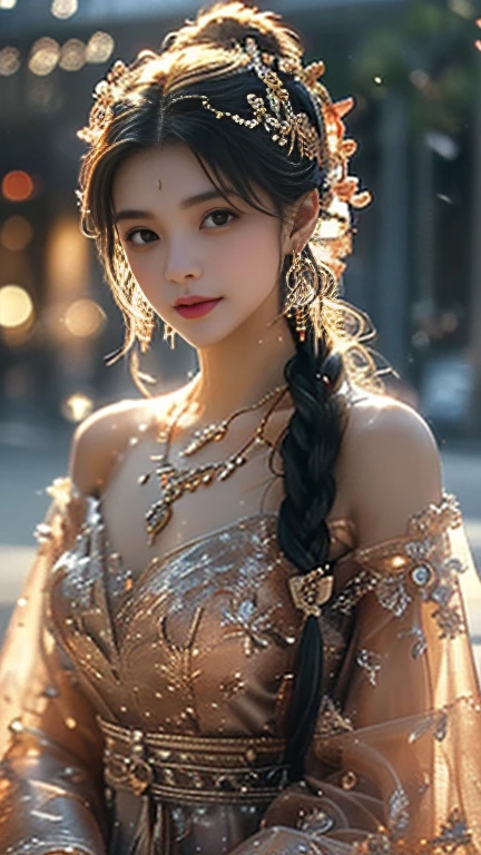 realism: 1.3, masterpiece, best quality, high resolution, detail: 1.2, 1 girl, Hairpin, Pretty Face, Exquisite eyes, Tassel Earrings, necklace, elegant standing posture, aesthetics, light, Ray Tracing, Depth of Field, Layering, Flutter,Ancient building background