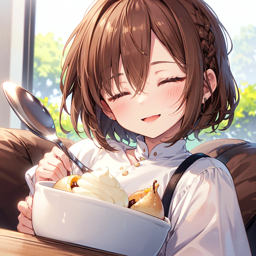 ((((smile、Close ~ eyes　Holding a spoon、Present here、Pudding、Close-up　First Person))))　(((Brown Hair、Short Bob　Open your mouth)))　((Cafe))　Shining Edges　Shining Background