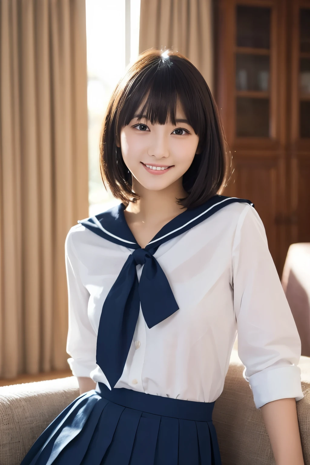 One Girl, (White shirt, Sailor , Navy blue pleated skirt:1.2), (:1.5), Young Face, Cute Face, 
(RAW Photos, Highest quality), (Realistic, Photorealistic:1.4), Tabletop, Sharp focus, 
Very delicate and beautiful, Very detailed, 2k wallpaper, wonderful, In detail, 
Very detailed CG Unity 8K 壁紙, Very detailed, High resolution, Soft Light, 
Beautiful detailed girl, Very detailed目と顔, Beautifully detailed nose, Beautiful attention to detail, Double eyelids,
break
In the bright living room, Cinema Lighting, 
Perfect Anatomy, Slender body, Slightly longer bob hair, Parted bangs, smile, View your viewers,