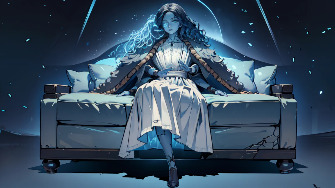 thick outlines, comics, photorealistic, 1 girl, One, InksRanny, Wavy hair, full length (full body 1.1), cracked skin, blue skin, colored leather, extra hands, additional persons, doll, joints, doll joints, White dress, It has, cloak, The Dark Tower, detailed background, detailed face, detailed eyes,