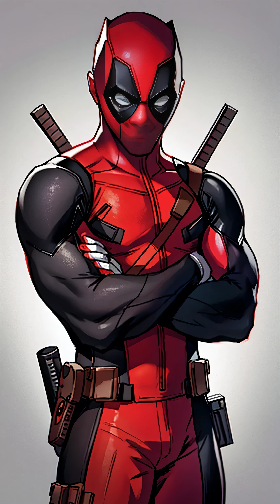 Deadpool seriosly looking at the viewer with arms crossed and gray background