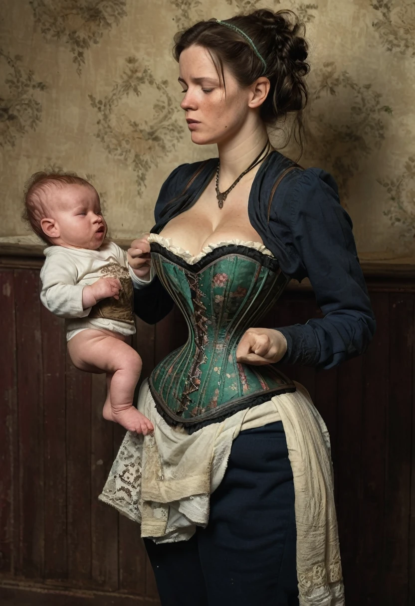 A Victorian woman (tight corset:3.15) with disheveled hair, wearing tattered clothes, delicately feeds a baby with a bottle. The woman appears weary and disheveled, with dirt smudges on her face. The baby is swaddled in a worn blanket, peacefully drinking from the bottle. The room is dimly lit, with antique furniture and lace curtains in the background, setting a somber mood.
Subject Description: Victorian woman in dirty clothes and corset feeding a baby
Type of Image: Realistic Photograph
Art Styles: Victorian realism
Art Inspirations: Victorian-era photography
Camera: Nikon D850
Shot: Medium shot
Render Related Information: High resolution, natural lighting, vintage aesthetic