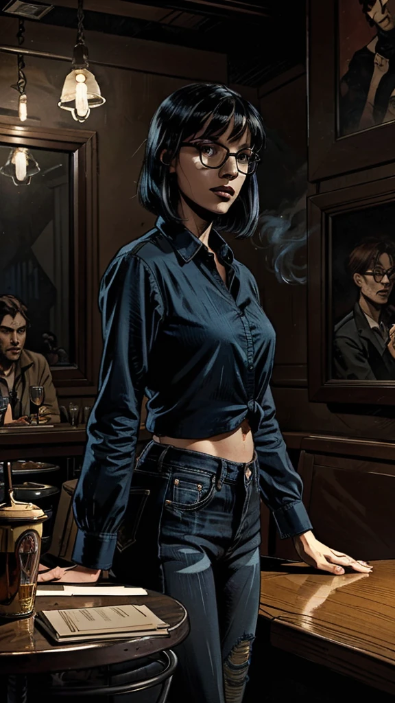 In a dimly lit club, pulsating with neon lights and the rhythmic thump of music, a woman stands out from the crowd. She wears a modest blue shirt paired with jeans, its color catching the light in a way that contrasts with the dark surroundings. Her black hair, styled with blunt bangs that fall perfectly on her forehead, frames her face, giving her an air of mystery. She wears glasses that reflect the ambient lights, adding to her enigmatic and obsessive look.Her full body is visible, standing confidently amidst the shadowy figures and haze of smoke in the background. The setting evokes a sense of timelessness and intrigue, reminiscent of a renaissance painting by Bernardino Mei, yet with a modern twist. The scene is captured in a style similar to a photograph by AP, blending the classic and contemporary. The background details include the bar counter, tables with patrons, and dimly lit corners, creating a rich, immersive environment.