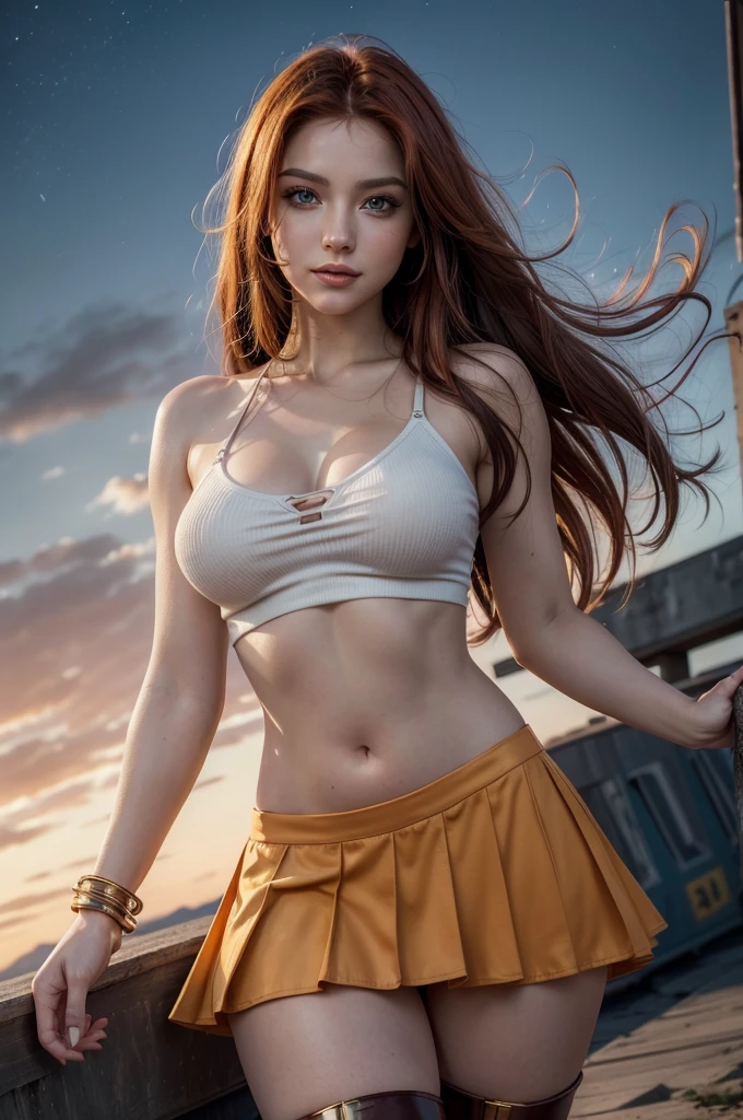 Starfire from DC comics, (Best Quality,4k,8k,High resolution,masterpiece:1.2),ultra detailed,realist,portrait,beautiful detailed eyes,beautiful detailed lips,Extremely detailed green eyes and face,long eyelashes,sexy,half:oil painting,bright light orange skin,flowing hair,bright smile,star fire in the air,flying,safe pose,Stunning curves,vivid colors,dramatic lighting,serene background,amazing composition, ruff, crop top, bracelet, forearms, diaphragm, Skirt, purple Skirt, thigh high boots