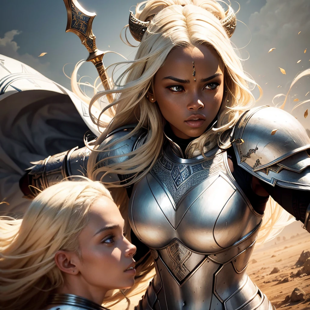 a beautiful blonde woman in white armor, a black woman in african tribal warrior attire wielding a sword, two women fighting, detailed facial features, high quality, realistic, intricate details, dramatic lighting, cinematic composition, vibrant colors, epic fantasy scene