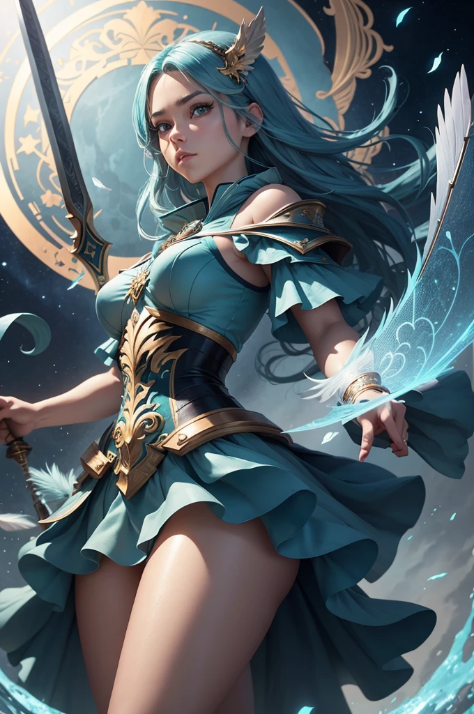 PROMPT: "4K anime style quality, digital drawing mode, Libra-themed anime female character, medium-length teal hair with feather highlights, serene blue eyes, wearing an outfit with scales and balance motifs, holding a scale and sword, Blur the background to create a three-dimensional effect, atmosphere, standing in a celestial courtroom, radiant skin, flowing hair, glossy lips, balanced eyes, full body, dynamic pose, life size, perfect anatomy, detailed skin texture, full HD, 4K, HDR, perfect anatomy, depth of field."
