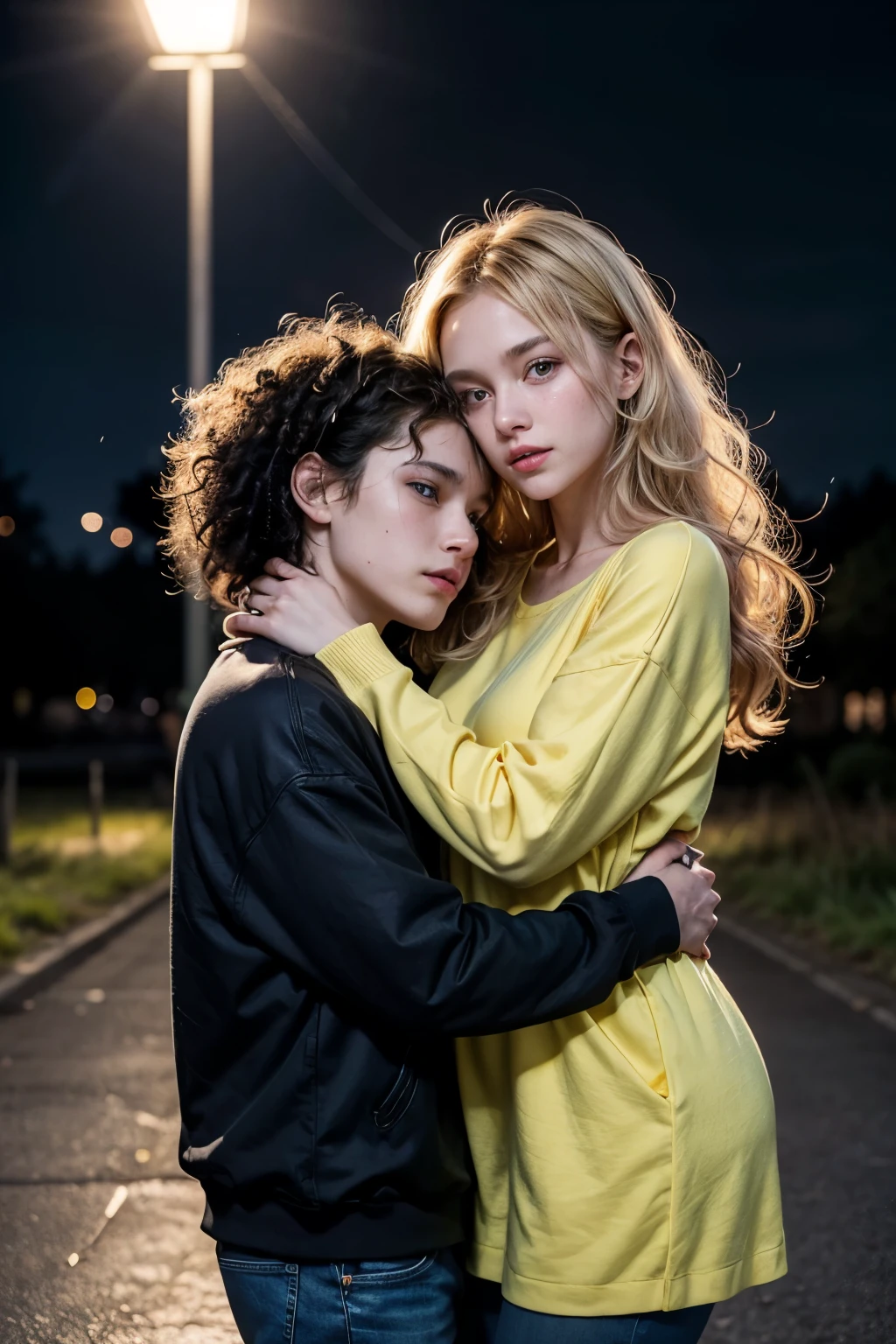 A couple 1 white boy, blonde hair falling over her face and 1 black girl with curly hair. They are both hugging. In a landscape full of lights at night. The boy is wearing a black sweatshirt and jeans and the girl is wearing a yellow dress.