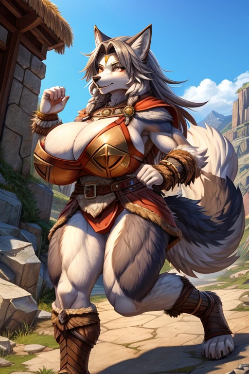 Fluffy furry wolf woman、Barbarian costume、Super huge breasts、Fur breastplate、Running through the mountain、((走る))