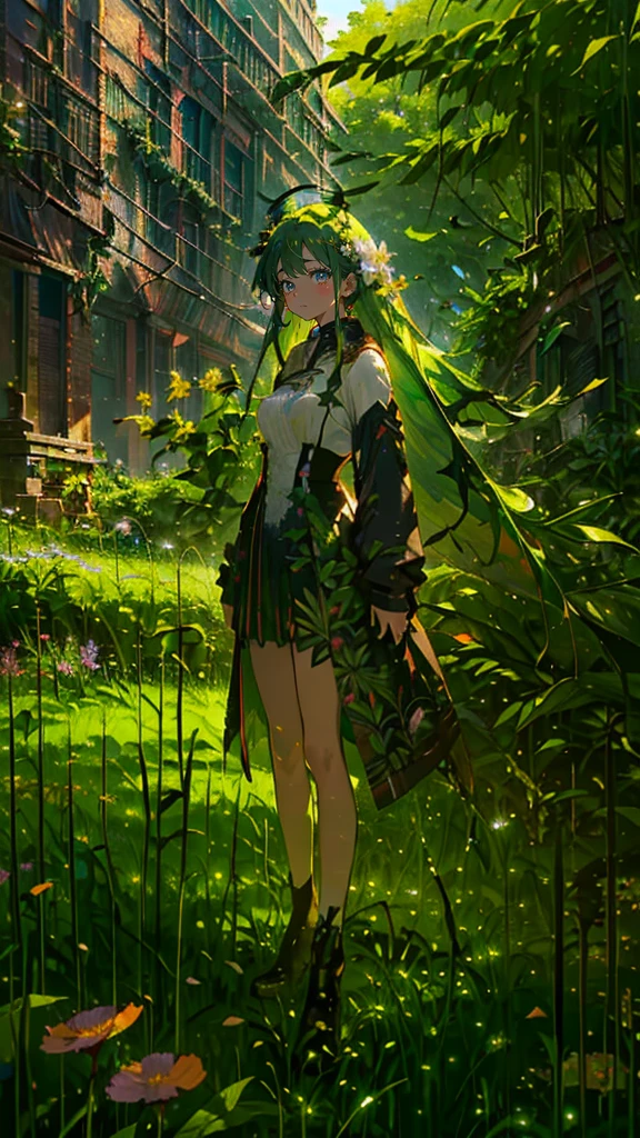 (Mastepiece), (Best Quality), Very detailed, 1 girl, (Solo full body shot:1.4), Perfect Face, beautiful girl, Very detailedな顔,(Green hair long hair:1.5),(Green Eyes:1.4),(Lots of butterflies々:1.2)、(Abandoned City、Plants、Flower Field:1.4)、(Lots of petals:1.3)、Fairy、mysterious、Fantasy、beautiful、beautiful