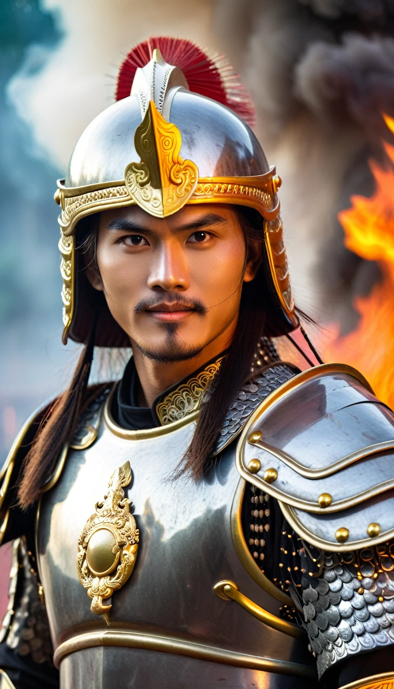 Close-up of an immortal male warrior in Vietnamese mythology, 18 years old, decorated with pearls, majestic and majestic, bright eyes, long hair, extremely handsome, shiny iron armor, fierce iron helmet, weapon is a tightly rolled bundle of ivory bamboo, invincible male warrior, ((background of smoke, fire, lightning)), ((blood stains on armor, helmet)). The eyes are filled with hatred and the power to destroy enemies. Behind are traces of blood and violence. The sky is filled with swirling, fiery clouds. The photo conveys a strong sense of the appearance of a warrior, ((smiling))