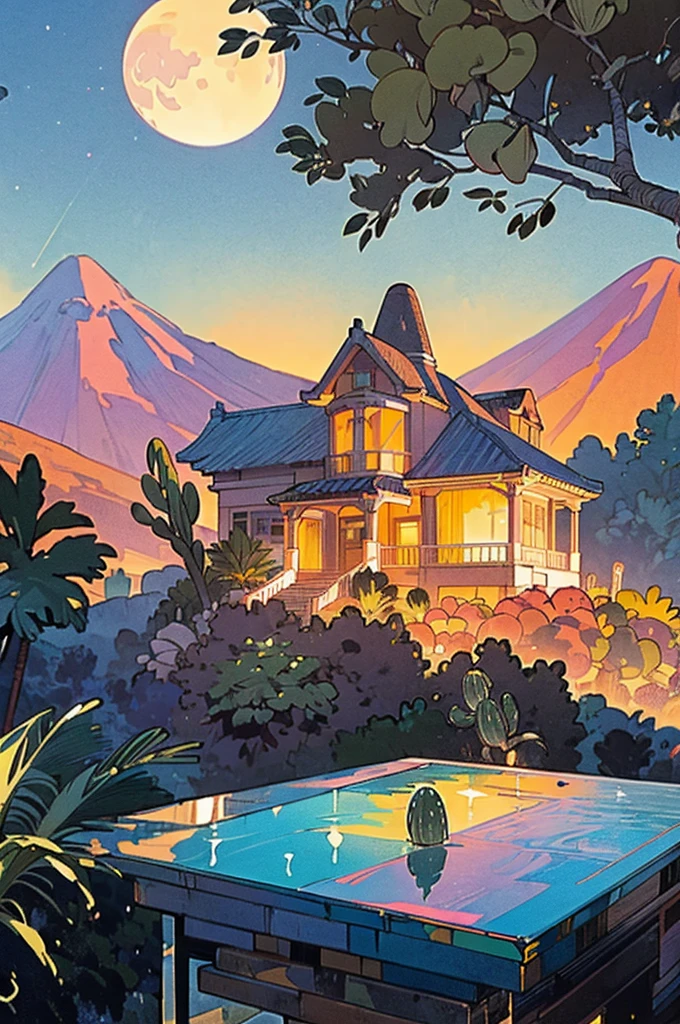 small and beautiful modern house in top of big boulders, terraces, pool, stairs, multiple cacti gardens, palms, trees, rocks, beautiful landscape design, mountains and volcano y background, amazing clouds, sun, moon, planets, milky way galaxy, concrete, wood, glass and steel materials, olive green, violet, orange and withe colors in facade