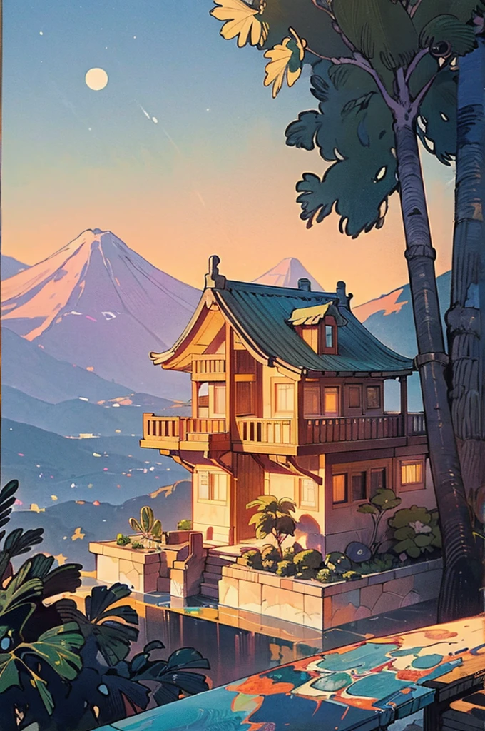 small and beautiful modern house in top of big boulders, terraces, pool, stairs, multiple cacti gardens, palms, trees, rocks, beautiful landscape design, mountains and volcano y background, amazing clouds, sun, moon, planets, milky way galaxy, concrete, wood, glass and steel materials, olive green, violet, orange and withe colors in facade