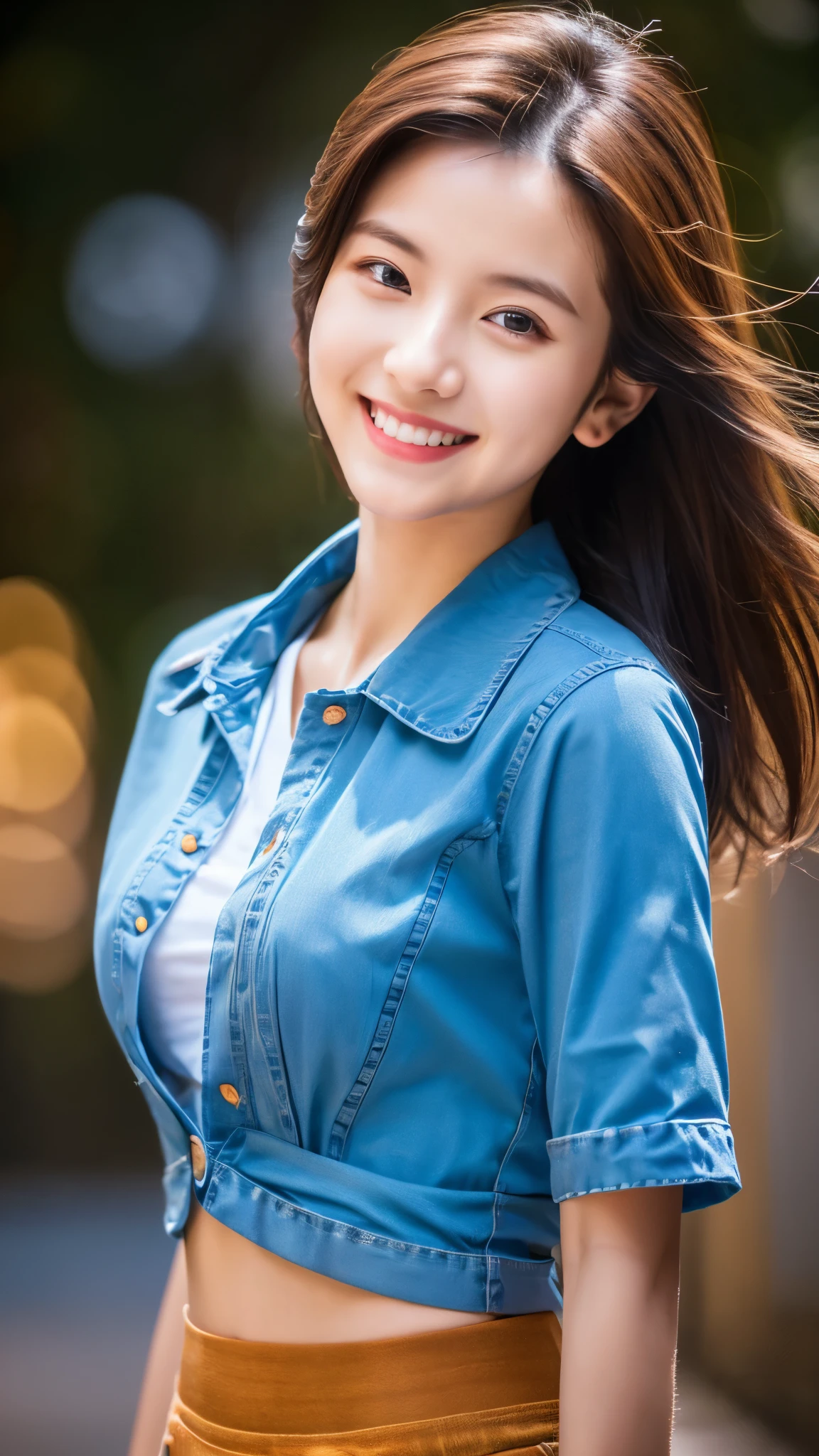 (8k, RAW photo, best quality, masterpiece), (realistic, photo-realistic), ultra-detailed, ultra high res, 1girl, 18 years old, looking at viewer, smile, (slim waist), shirt, floating hair, professional lighting,