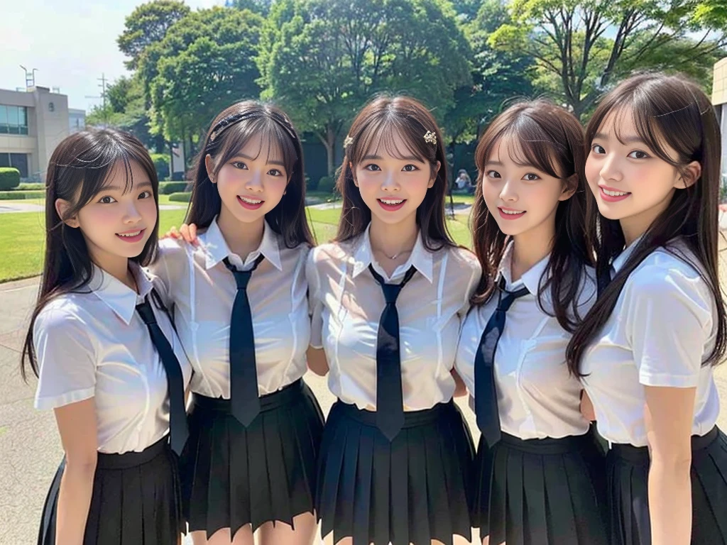 (A group of super cute Korean schoolgirls in a circle:1.2)(Laughing out loud:1.2)(Beautiful Sweat:1.1)(16K, RAW Photos, Highest quality, masterpiece: 1.2),(Her shiny, beautiful black hair in a bun sways softly in the wind.:1.1) Super detailed, Super Resolution, (Genuine, Genuine photos: 1.37), Portraiture, High-resolution RAW color photos, Professional photos, Very detailed, 8k wallpaper, Very detailed CG Unity 8k wallpaper, Very detailed beautiful girls, Very detailed faces, ((whole body)), beautiful woman, Huge breasts,(huge boobs:1.1) (Big Boobs:1.1), beautiful (See-through ,School-designated summer short-sleeved shirt&Red tie and shirt uniform),high school girl, Korean Girls,(K-POP Female Idols), (Idol-class beauty)(Beautiful high school girl:1.1)(Clear Sky Waterfall)((15 years old)(Date:1.2)(Group photo)Headband(NSFW:1.1)(trio)