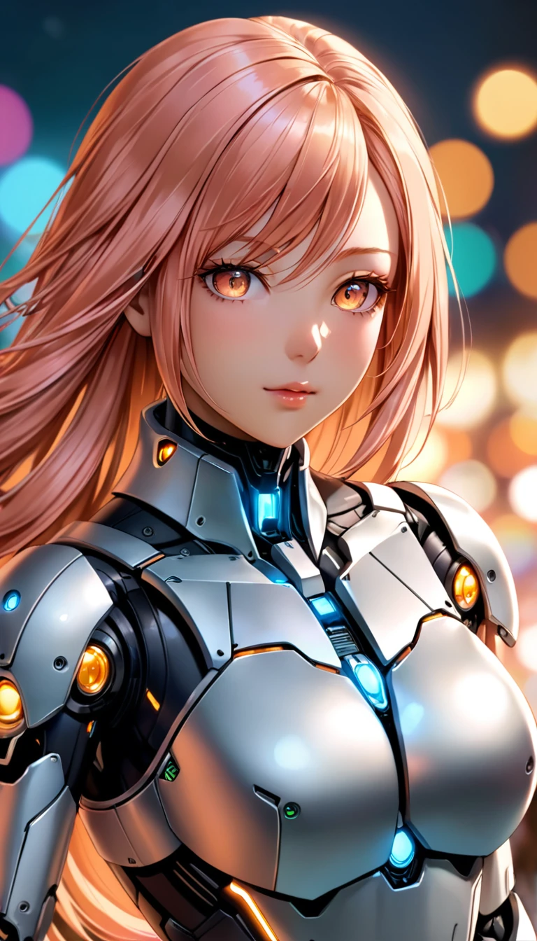 female,robot ,female,robot cyborg mech, peach hair, cyberpunk:0.35, perfect lighting, perfect shading, detailed, intricate, (perfect body), beautiful face, flowing hair, ((full torso)), photorealistic:1.35, mature adult:1.4, 8K, RAW, best quality, masterpiece, ultra high res, colorful, portrait, (medium wide shot), (dynamic perspective), sharp focus , (depth of field, bokeh:1.3), extremely detailed eyes and face, beautiful detailed eyes,
