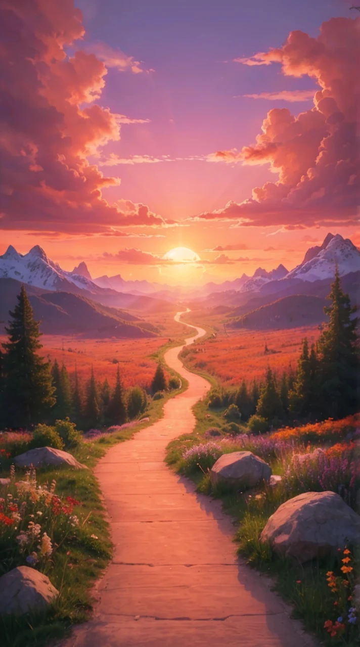 A breathtaking sunrise or sunset with warm, vibrant hues of orange, pink, and purple, illuminating a winding path that disappears into a stunning landscape, symbolizing a bright future and fulfilled desires. The path, lined with lush greenery and blooming wildflowers, stretches towards the horizon, where the sky meets the landscape, evoking a sense of hope and optimism. The clouds are tinted with shades of coral and salmon, adding depth and texture to the scene. In the distance, majestic mountains rise, their rugged peaks still capped with a dusting of snow, while the foreground features a few strategically placed rocks and boulders, guiding the viewer's eye towards the vanishing point. The atmosphere is serene, with a few wispy clouds scattered across the sky, and a subtle warm glow emanating from the core of the sun, casting a golden light on the entire scene.
