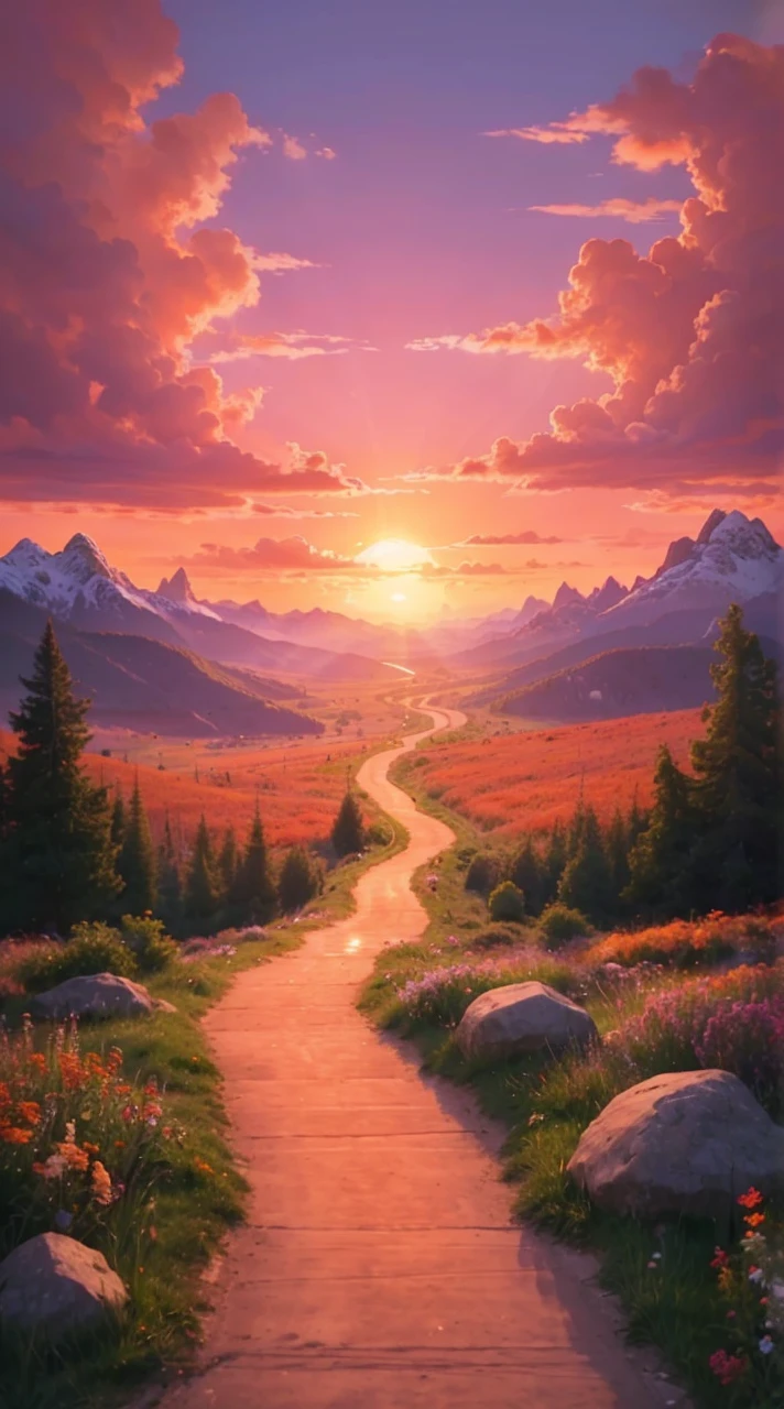 A breathtaking sunrise or sunset with warm, vibrant hues of orange, pink, and purple, illuminating a winding path that disappears into a stunning landscape, symbolizing a bright future and fulfilled desires. The path, lined with lush greenery and blooming wildflowers, stretches towards the horizon, where the sky meets the landscape, evoking a sense of hope and optimism. The clouds are tinted with shades of coral and salmon, adding depth and texture to the scene. In the distance, majestic mountains rise, their rugged peaks still capped with a dusting of snow, while the foreground features a few strategically placed rocks and boulders, guiding the viewer's eye towards the vanishing point. The atmosphere is serene, with a few wispy clouds scattered across the sky, and a subtle warm glow emanating from the core of the sun, casting a golden light on the entire scene.