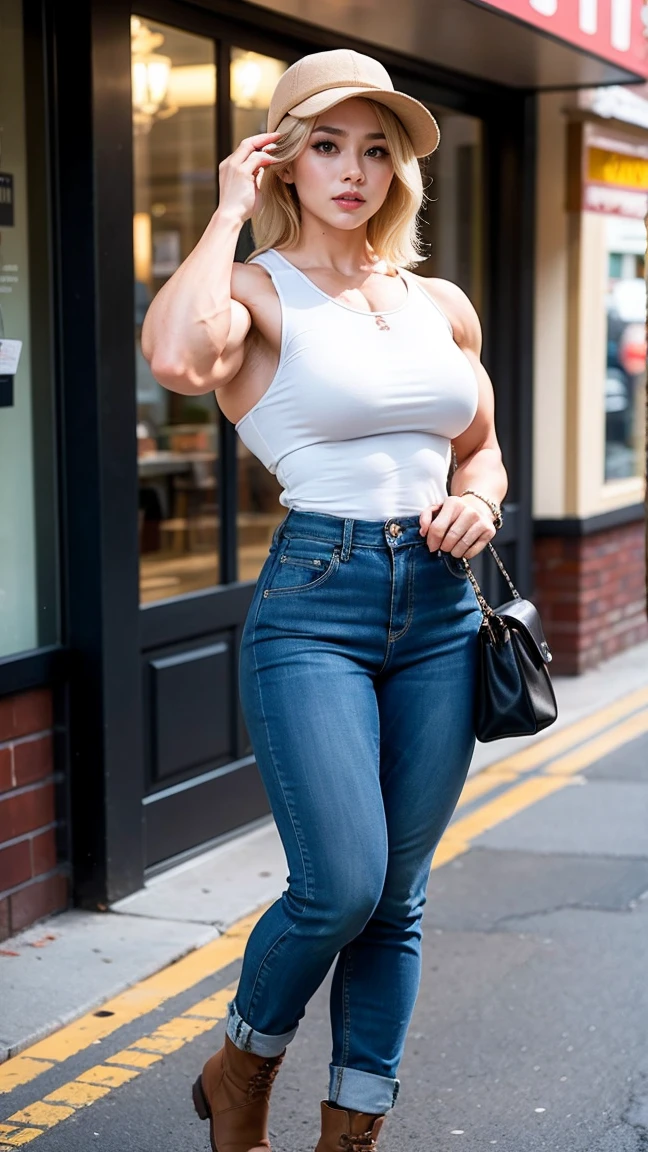 in 8K、超A high resolution、Best Quality、masutepiece(huge-breasted),best quality, ultra high res, photoshoot, (photorealistic:1.4), ((sharp face shape,blonde model, blonde girl, pose, showing muscular body,( super detailed,bodybuilder girl, muscle girl, beautiful physics muscular girl))), 1girl, caucasian, smile,
Imagine yourself in a casual yet chic ensemble – a relaxed, oversized knit sweater paired with high-waisted, wide-legged trousers and comfortable ankle boots. Your accessories include a stylish felt hat and a crossbody bag, and your makeup features a natural and glowing look.
Now, picture this effortlessly cool look against the backdrop of a charming sidewalk café with vintage-inspired décor. The aroma of freshly brewed coffee fills the air, creating a cozy and inviting atmosphere. You, in this laid-back yet stylish attire, seamlessly blend with the relaxed charm of the café, embodying a sense of casual elegance and timeless style. It's a moment of fashionable ease and urban sophistication in a setting that exudes warmth and character, in
Photo Shoot Lighting Effect: Bright and vibrant lighting to bring out the freshness of the colors,looking at viewer, cute, full body, detailed eyes,kpop idol,light smile,