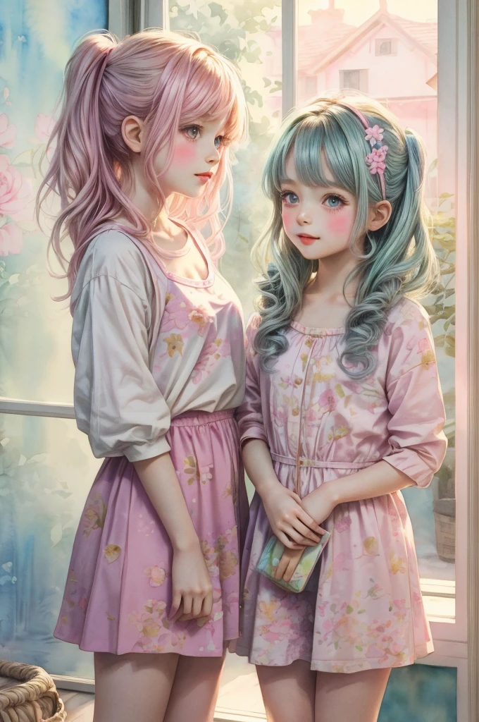 4K, 1 masterpiece girl,(pastel colour:1.5),(Cute illustrations:1.5),(watercolor:1.2),Girls&#39; Manga,Woman in her 20s,Bun Hair,White Background