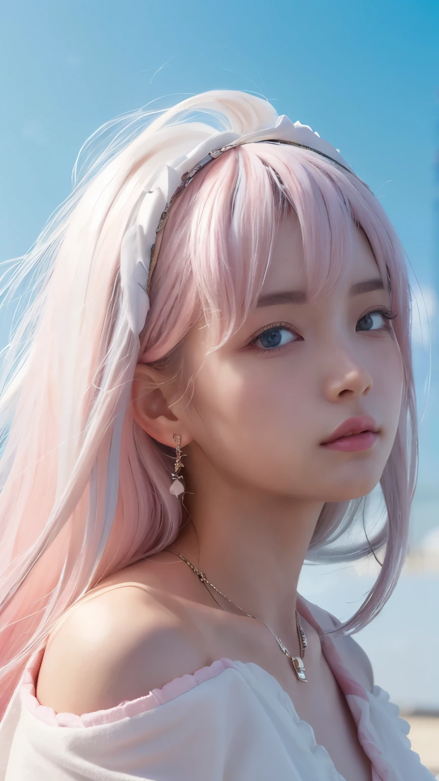 masterpiece, highest quality , enlightenment,1 perfect portrait of a girl, A fascinating eye for perfect detail, (pink+white soft hair:1.6), Fantasy sky-blue background, {exposed bare shoulders} ,{long-term alienation_sleeve}, {lean forward a little}, If you look up, hair ornaments, {shy },please shut your mouth, head tilt, movie lighting, oversized clothes, ((seductive pose)),