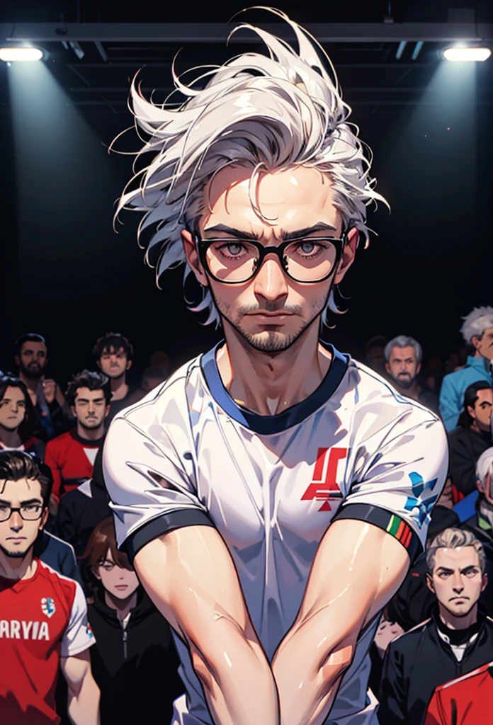 A middle age Turkish gunner player with medium white  hair, wearing eyeglasses, wearing white T-shirt screen word Turkey holding a sport airsoft pistol in front of a crowd, thierry doizon, christian dimitrov, france, emad mostaque, inspired by Ion Andreescu, farid ghanbari, genndy tartakovski, photo from the olympic games, hicham habchi, thierry rouzier, ivan laliashvili