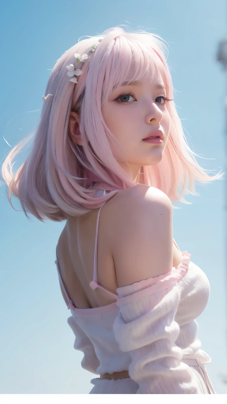 masterpiece, highest quality , enlightenment,1 perfect portrait of a girl, A fascinating eye for perfect detail, (pink+white soft hair:1.6), Fantasy sky-blue background, {exposed bare shoulders} ,{long-term alienation_sleeve}, {lean forward a little}, If you look up, hair ornaments, {shy },please shut your mouth, head tilt, movie lighting, oversized clothes, ((seductive pose)),