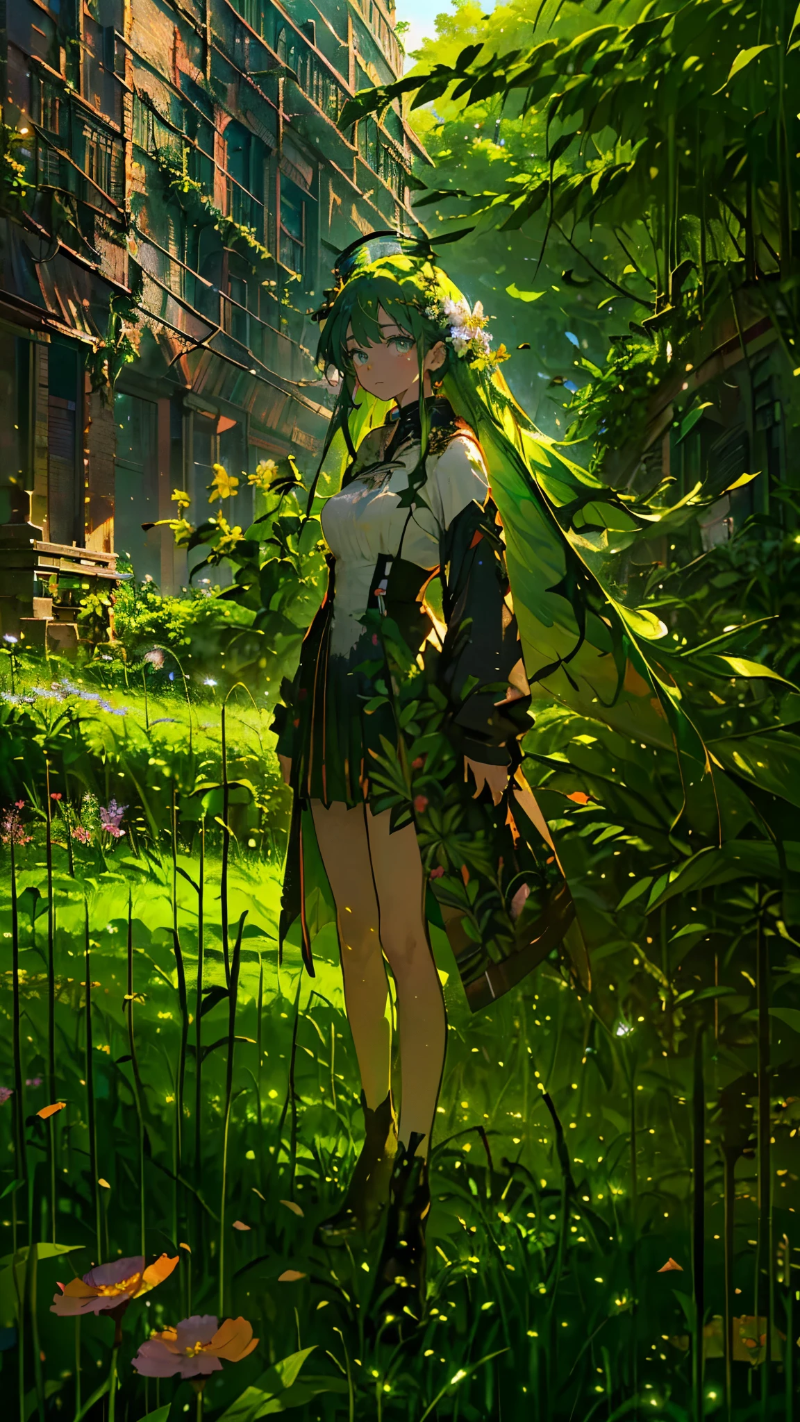 (Mastepiece), (Best Quality), Very detailed, 1 girl, (Solo full body shot:1.4), Perfect Face, beautiful girl, Very detailedな顔,(Green hair long hair:1.5),(Green Eyes:1.4),(Lots of butterflies々:1.2)、(Abandoned City、Plants、Flower Field:1.4)、(Lots of petals:1.3)、Fairy、mysterious、Fantasy、beautiful、beautiful