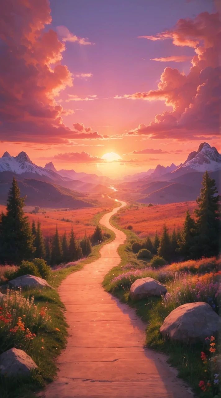 A breathtaking sunrise or sunset with warm, vibrant hues of orange, pink, and purple, illuminating a winding path that disappears into a stunning landscape, symbolizing a bright future and fulfilled desires. The path, lined with lush greenery and blooming wildflowers, stretches towards the horizon, where the sky meets the landscape, evoking a sense of hope and optimism. The clouds are tinted with shades of coral and salmon, adding depth and texture to the scene. In the distance, majestic mountains rise, their rugged peaks still capped with a dusting of snow, while the foreground features a few strategically placed rocks and boulders, guiding the viewer's eye towards the vanishing point. The atmosphere is serene, with a few wispy clouds scattered across the sky, and a subtle warm glow emanating from the core of the sun, casting a golden light on the entire scene.