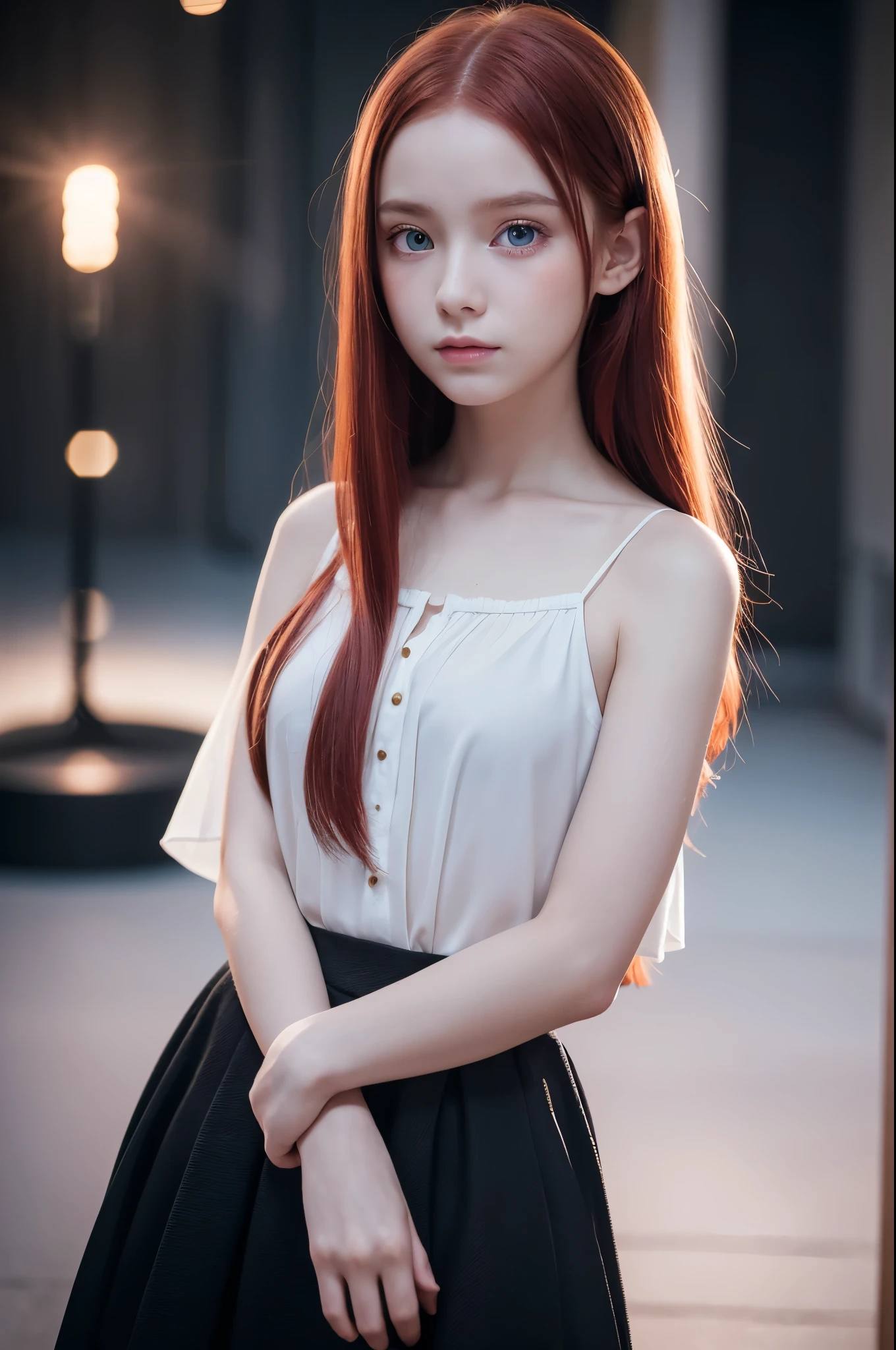 a young skinny  girl with asian styled light blue eyes and (straight long ginger hairs:1.3), white shirt, dark blue mini skirt, white stockings, fox ears, hands squeezing breasts, (legs spread:1.2), wet, hard, insanely detailed, (hdr photo:1.3), (hyperrealistic:1.1), front view